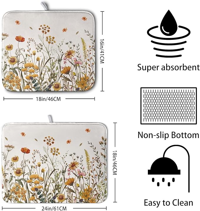 Fall Floral Dish Drying Mat for Kitchen Counter Autumn Burnt Orange Wild - Image 2