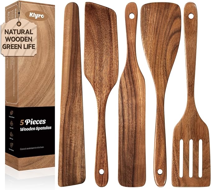 KLYRO 5 PCS Wooden Spatula Set, Natural Teak Wooden Spoons by KLYRO