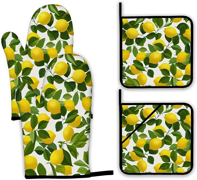Lemon Oven Mitts and Pot Holders Set, Kitchen Decor Heat Resistant Non Slip Hot by Unknown