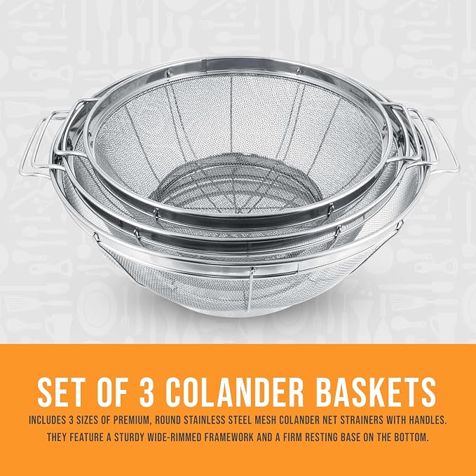U.S. Kitchen Supply Set of 3 Stainless Steel Colander Strainers Net Baskets 5 - Image 7