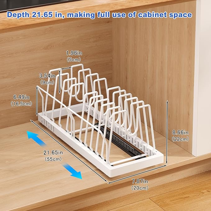 Mustorn Pots and Pans Organizer Under Cabinet, 21.6" Deep Pull Out Pot Lid - Image 6