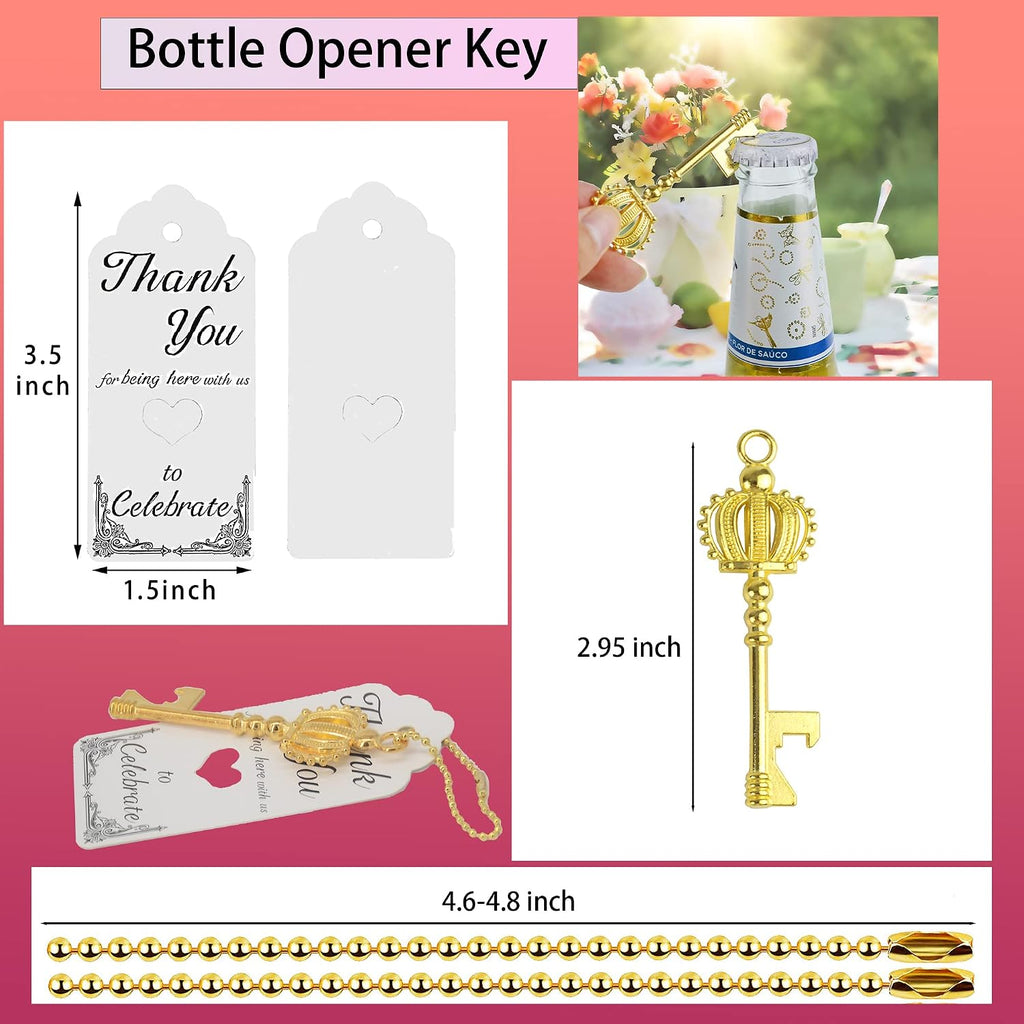 100Pcs Crown Skeleton Key Bottle Opener for Wedding, Birthday (Gold)