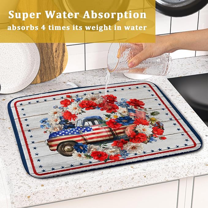 American Flag Dish Drainer Mat Flowers Absorbent Dish Rack Pad - Image 7