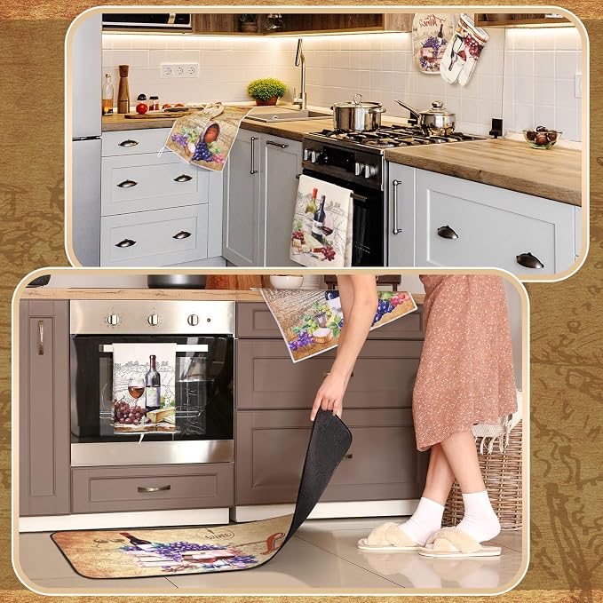 Fourluoo 10 Pcs Wine Kitchen Dish Towels Rugs Oven Mitts and Pot Holders Set - Image 6