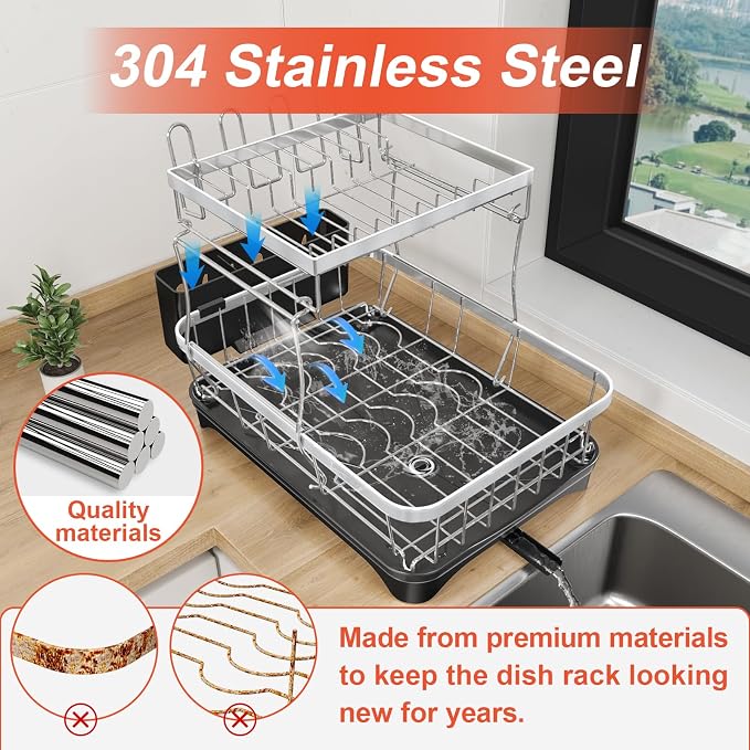 2-Tier Dish Drying Rack for Kitchen Counter, 304 Stainless Steel - Image 4