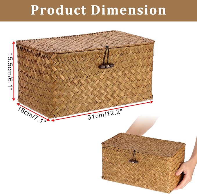 Sumnacon Wicker Basket with Lid Rectangle Woven Baskets - Image 3