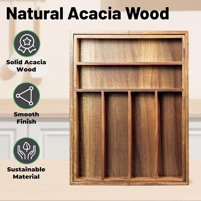 KITEISCAT Acacia Wood Expandable Silverware Organizer, Kitchen Utensil Drawer - Image 4