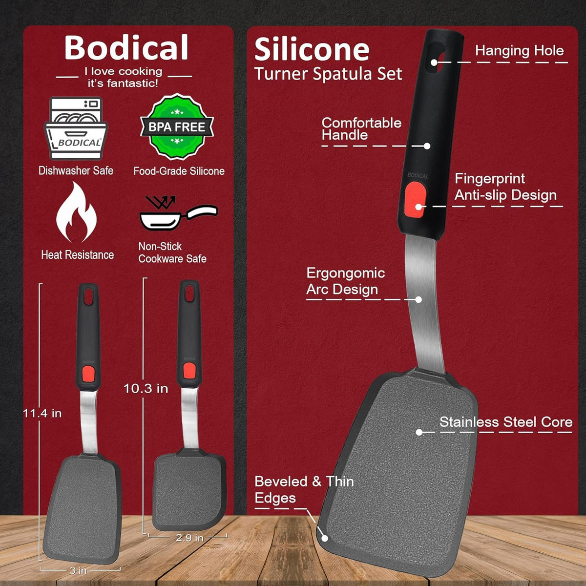 2 Pack Silicone Spatula Turner, 600°F Heat Resistant Kitchen Spatula