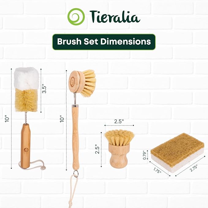 Tieralia Bamboo Dish Brush Set 5 Piece – Eco Friendly Kitchen Cleaning Kit - Image 2