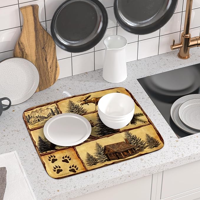 Vintage Bear Moose Dish Drying Mat 16x18 Inch Country Cabin Absorbent Dish - Image 6