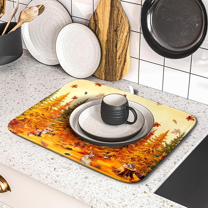 Autumn Drying Matt Kitchen Counter Small Absorbent Coffee Mat Fall Forest - Image 5