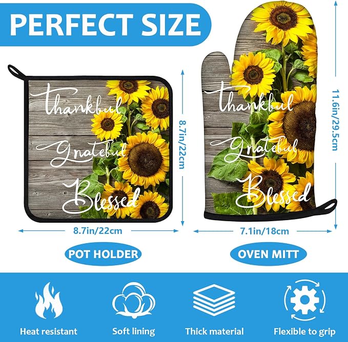 Sunflower Wood Grain Oven Mitts and Pot Holders Sets Heat Resistant 4Pcs - Image 2