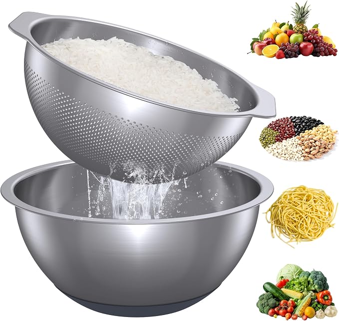 304 Stainless Steel Colander and Strainer, 5QT Large Capacity and 6QT Mixing by Qimh