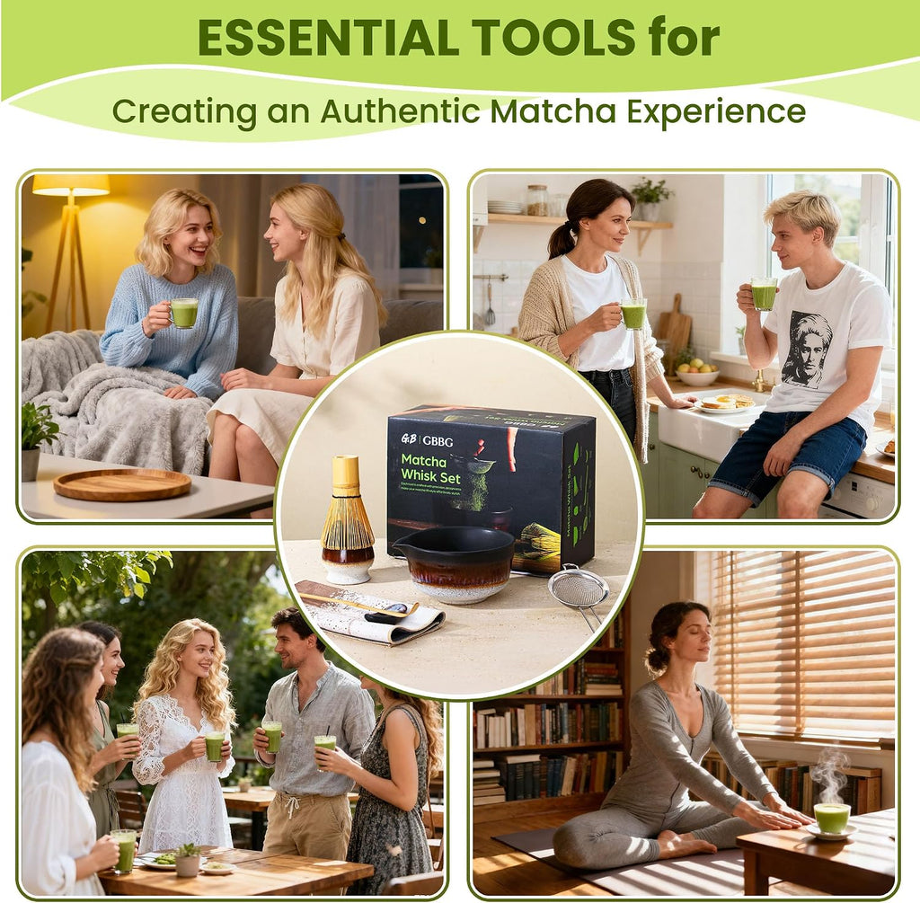 7-Piece Ceramic Matcha Whisk Set, Matcha Kit Set with Bowl &