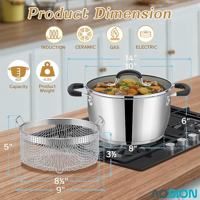 AOSION 6 Quart Stainless Steel Stockpot - Image 2