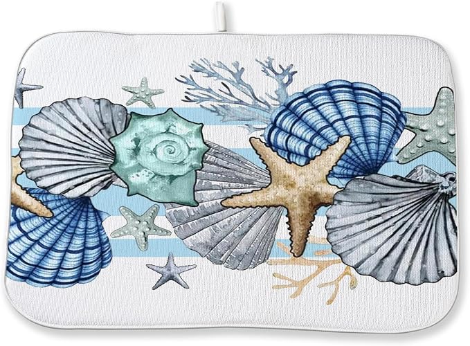 Nautical Coastal Starfish Dish Drying Mat 18x24 Inch Blue Beach Coral Shell by Sorktse