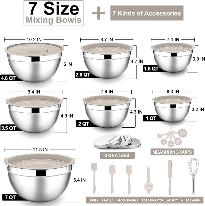 E-far Mixing Bowls with Lids Set, Size 7, Nesting Design & Khaki Airtight Lid - Image 5