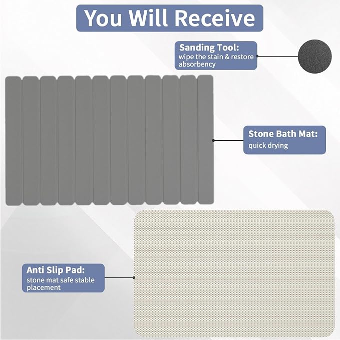 Large Stone Bath Mat 31.5 x 19.7in, Quick Dry Diatomaceous Earth Mats - Image 3