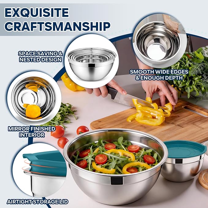 E-far Mixing Bowls With Lids Sets of 5, 10-Piece Stainless Steel Salad Metal - Image 3