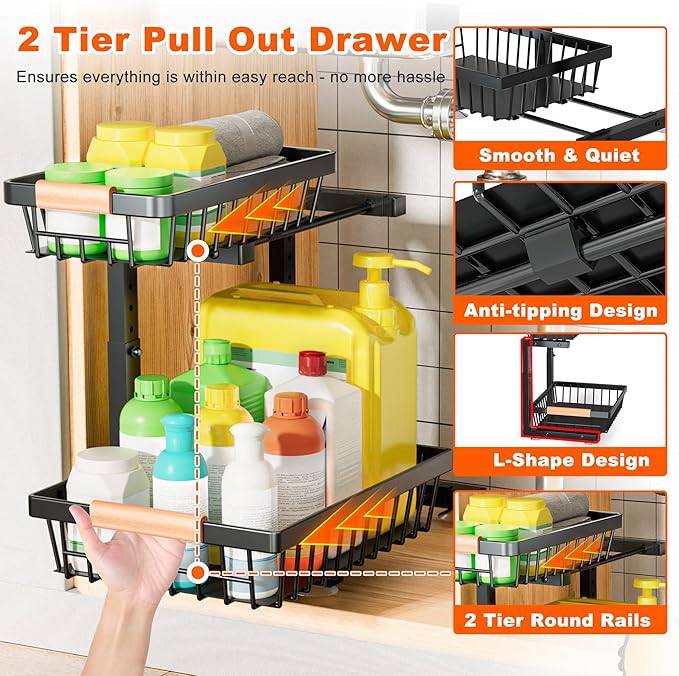Under Sink Organizer, 2 Pack 2 Tier Under Sink Organizers and Storage, Slide - Image 6