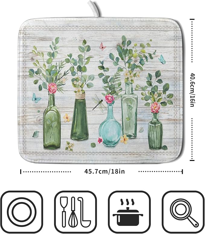 Fern Leaf Vase Dish Drying Mat 16x18 Inch Eucalyptus Leaves Microfiber - Image 2