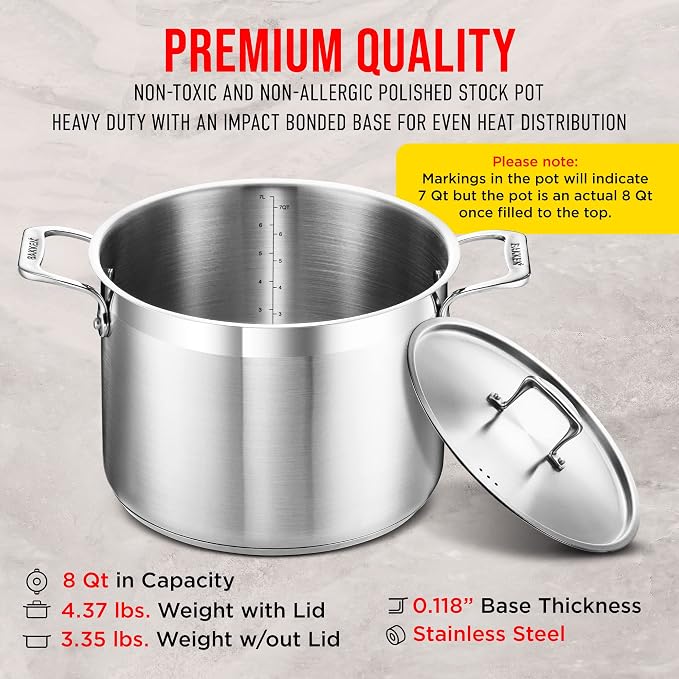 Stainless Steel Stockpot with Lid 8 Quart, Durable 18/8 Stainless Steel - Image 6
