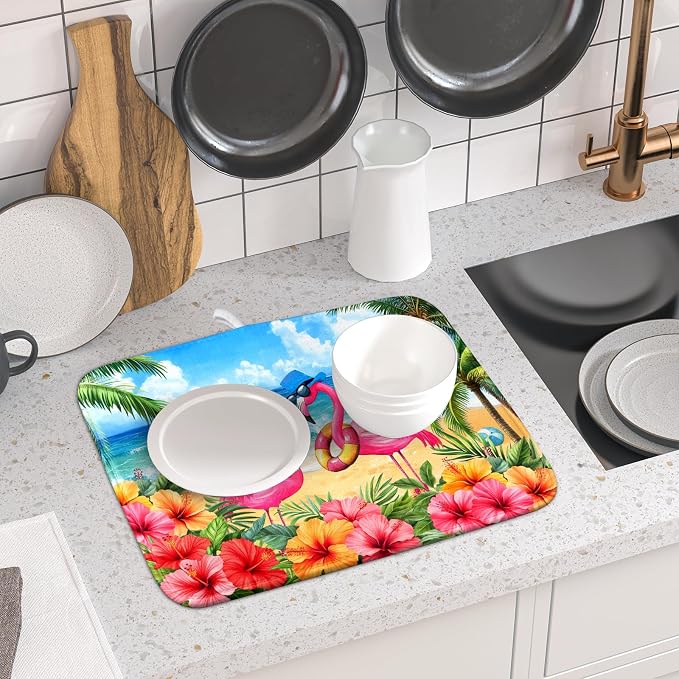 Summer Flamingos Dish Drying Mat 16x18 inch Tropical Beach Microfiber Washable - Image 6