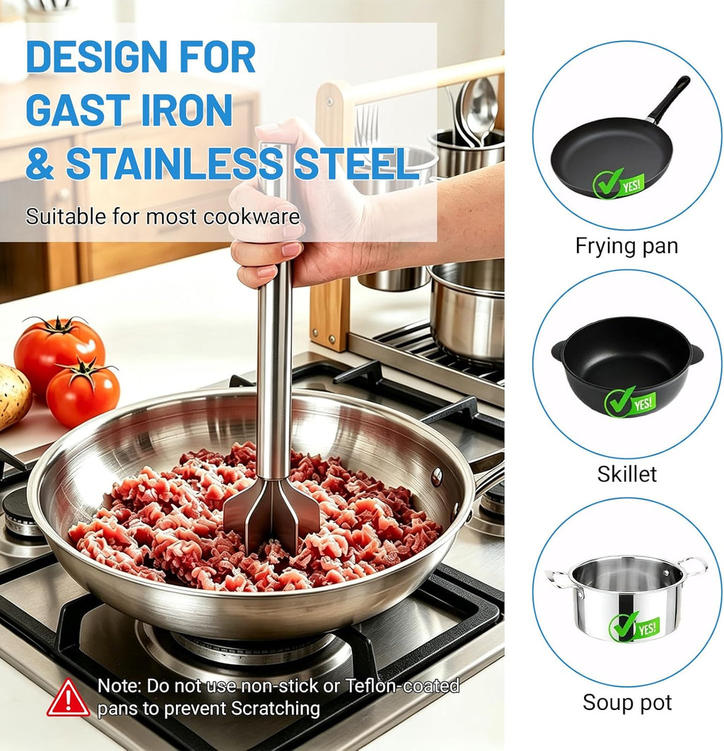 Meat Masher, 6 Blade Stainless Steel Ground Beef Chopper Tool, 8"