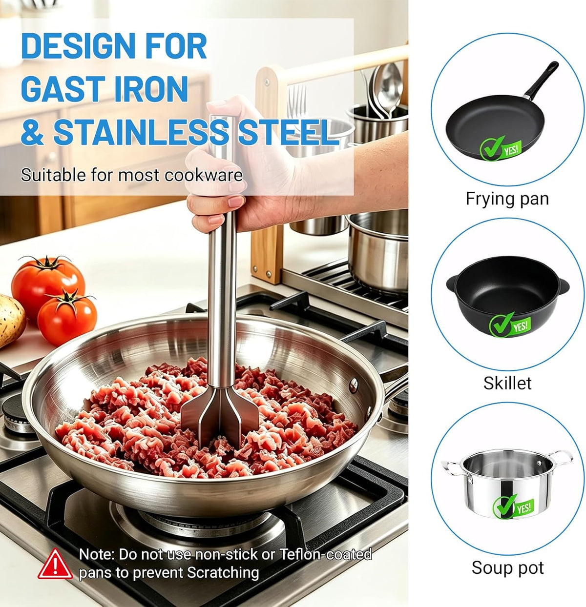 Meat Masher, 6 Blade Stainless Steel Ground Beef Chopper Tool, 8"