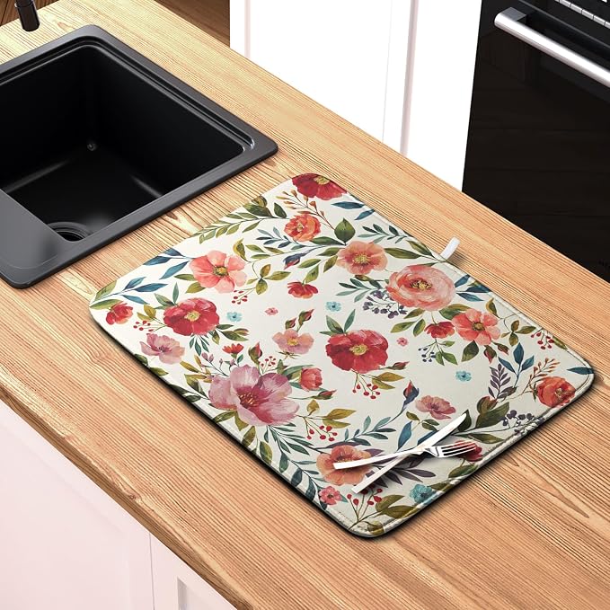 Floral Dish Drying Mat for Kitchen Counter Absorbent Microfiber Dishes Drying - Image 6