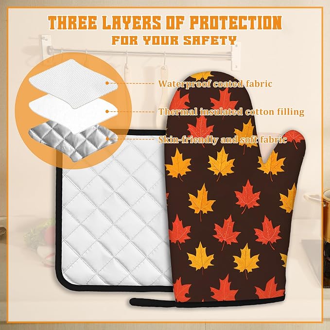 Maple Leaf Oven Mitts and Pot Holders Set, Autumn Kitchen Decor Heat Resistant - Image 3