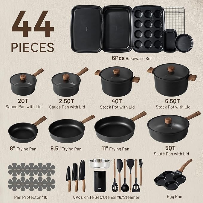 CAROTE 44pcs Nonstick Kitchen Titanium Cookware Sets, Nonstick Pots and Pans - Image 2