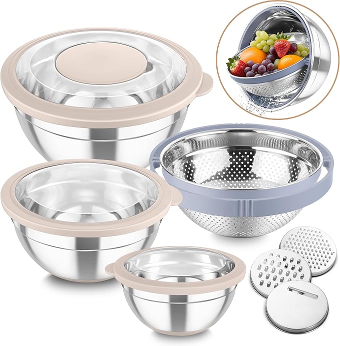 TeamFar Mixing Bowls with Colander Set, Stainless Steel Strainer and Nesting by TeamFar