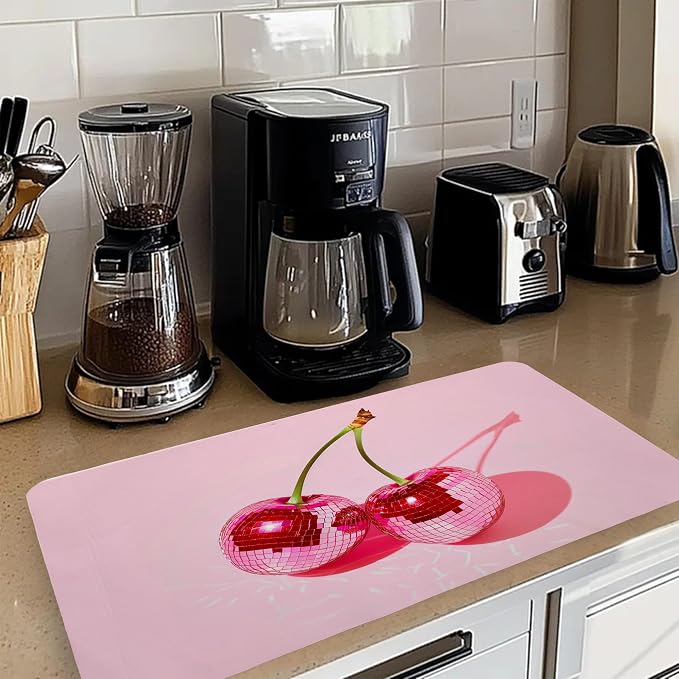 Pink Cherry Disco Ball Dish Drying Mat, Preppy Glam Cherries Coffee Bar Mat - Image 2
