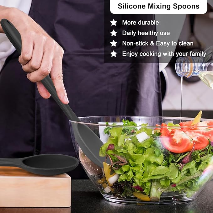 E-far Silicone Cooking Spoon Set of 2, Heat Resistant Kitchen Spoons Utensils - Image 3
