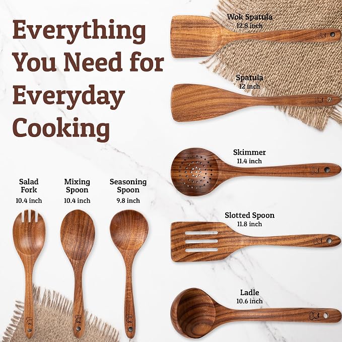 PriorityChef Wooden Spoons for Cooking, Premium 8pc Teak Wood Utensil Set - Image 4
