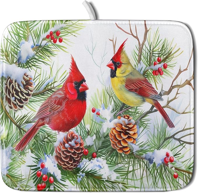 Giwawa Red Birds Dish Drying Mat, Xmas Tree Branch Holly Red Berries Dish by Giwawa
