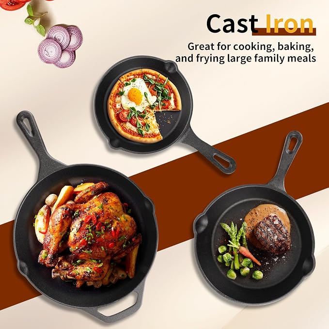 Cast Iron Skillet 3-Piece Set, Heavy-Duty Pre-Seasoned Pan Cookware Set - Image 6