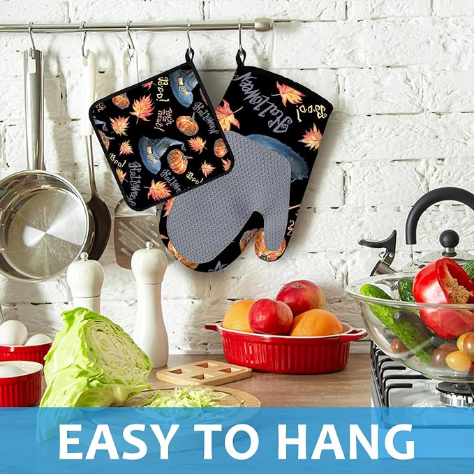 Halloween Pumpkin Autumn Maple Leave Oven Mitts and Pot Holders Sets Heat - Image 4