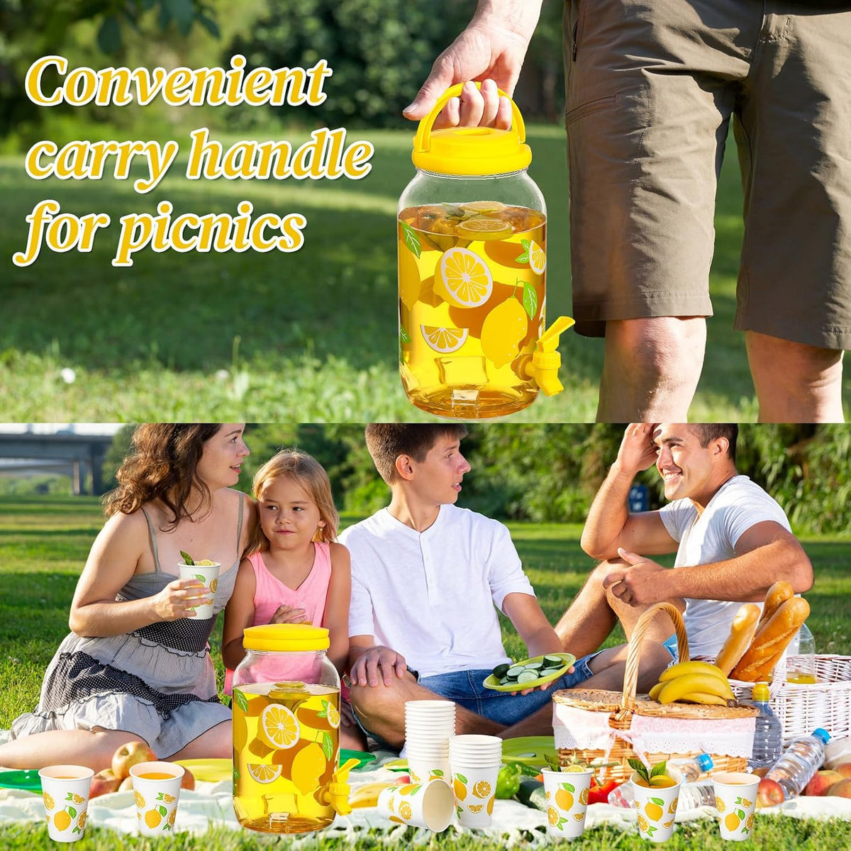 Umigy 1 Gallon Lemon Plastic Drink Dispenser with 20 Pcs 12 oz Lemon
