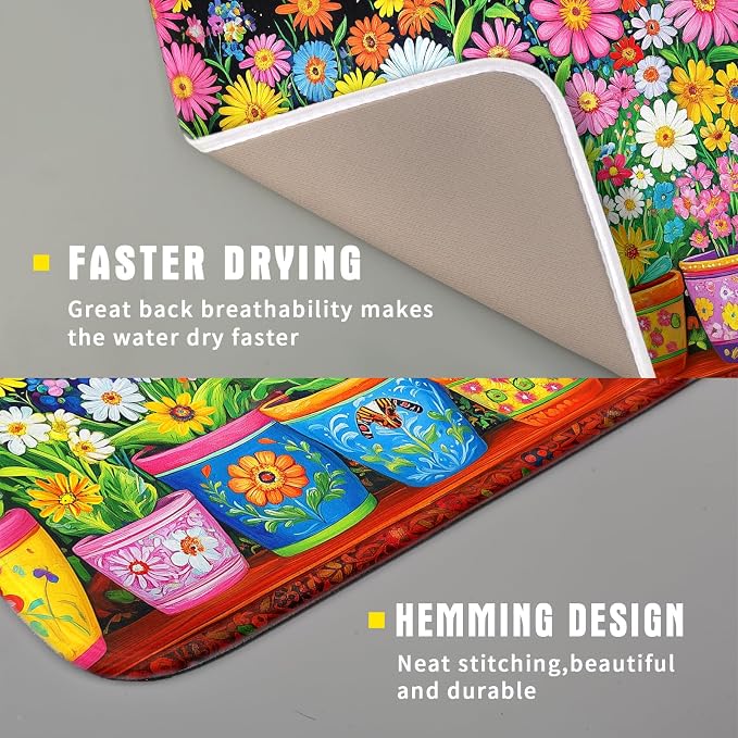 Colorful Floral Dish Drying Mat 16 X 18 Black Spring Flowers Absorbent - Image 3