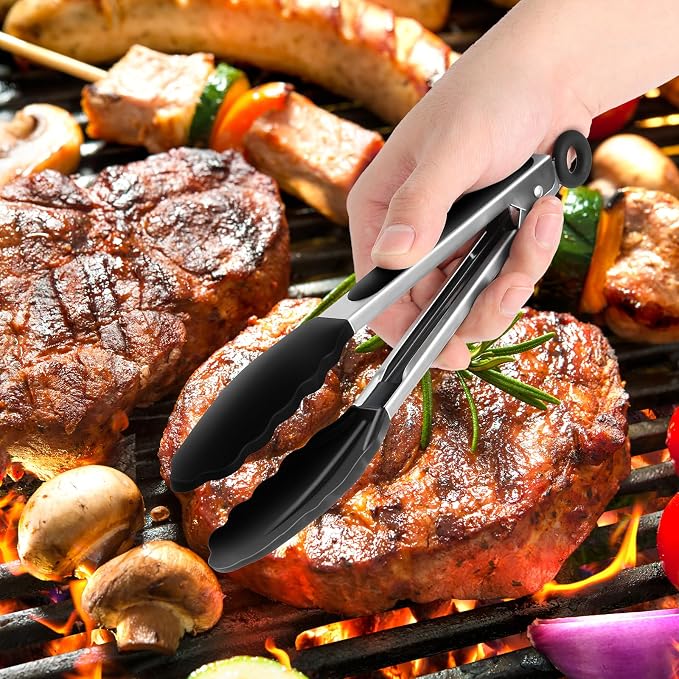 2 Pack Black Premium Stainless Steel Heat Resistant Kitchen Tongs - Image 5