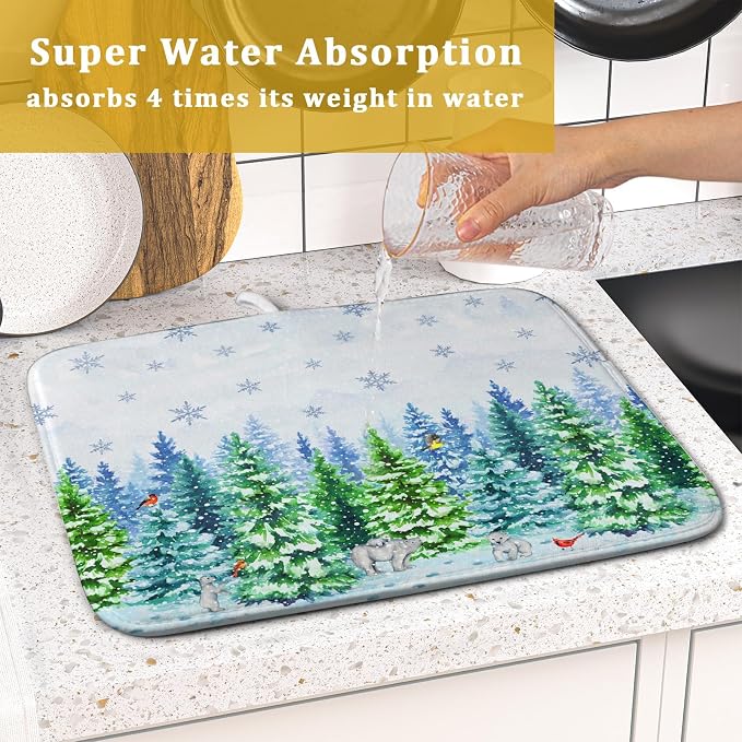 Watercolor Winter Dish Drying Pad Forest Kitchen Mat - Image 6