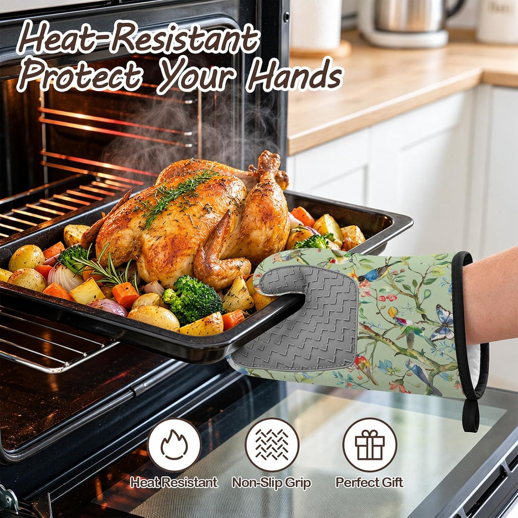 Bird Oven Mitts and Pot Holders Sets 3PCS, Floral Botanical Print