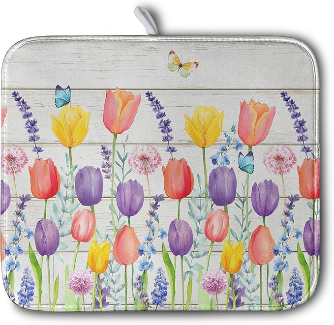 Tulip Floral Dish Drying Mat for Kitchen Counter Watercolor Spring Flower Dish by Kwlegh