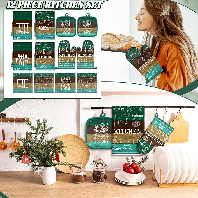 12 Pcs Farmhouse Kitchen Decor Sets 4 Teal Green Kitchen Towels 4 Teal - Image 2