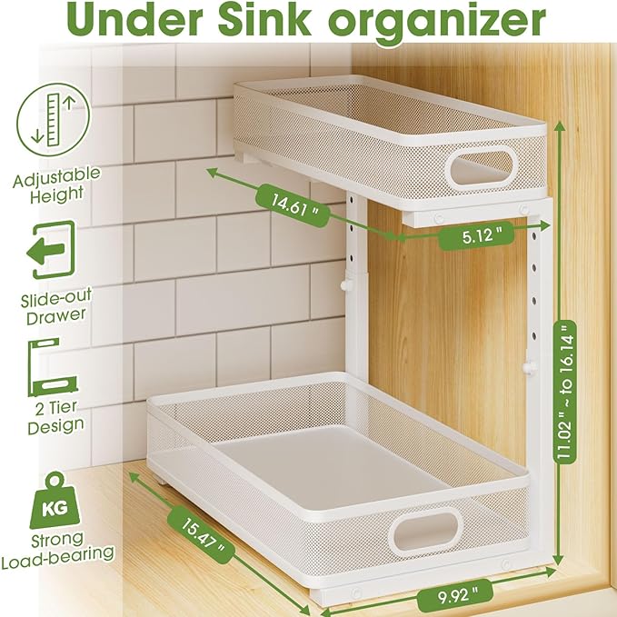 Under Sink Organizer 4-Pack, Metal 2-Tier Pull-Out Cabinet Shelf - Image 2