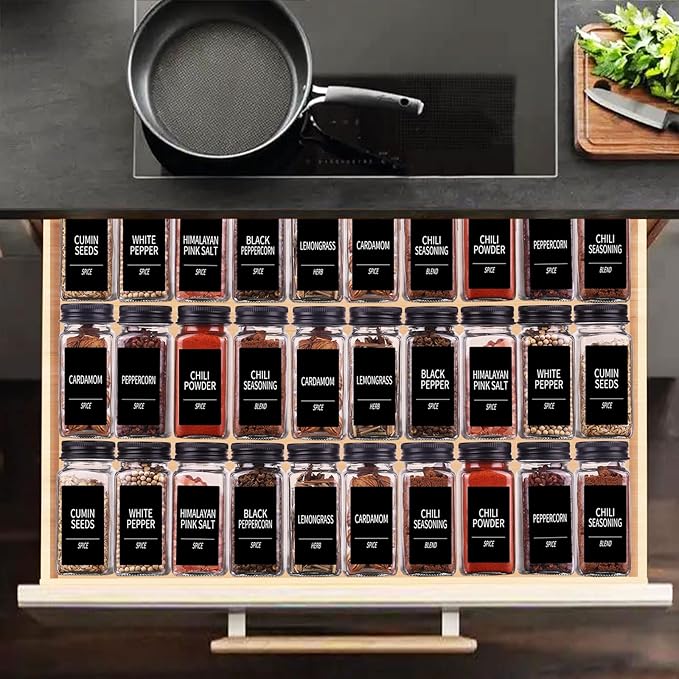 Churboro 25 Spice Jars with 547 Labels- Glass Spice Jars with Black Metal Caps - Image 6