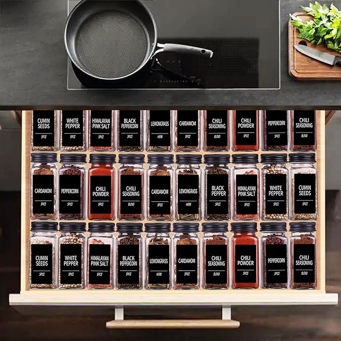 Churboro 66 Spice Jars with 547 Labels- Glass Spice Jars with Black Metal Caps - Image 4
