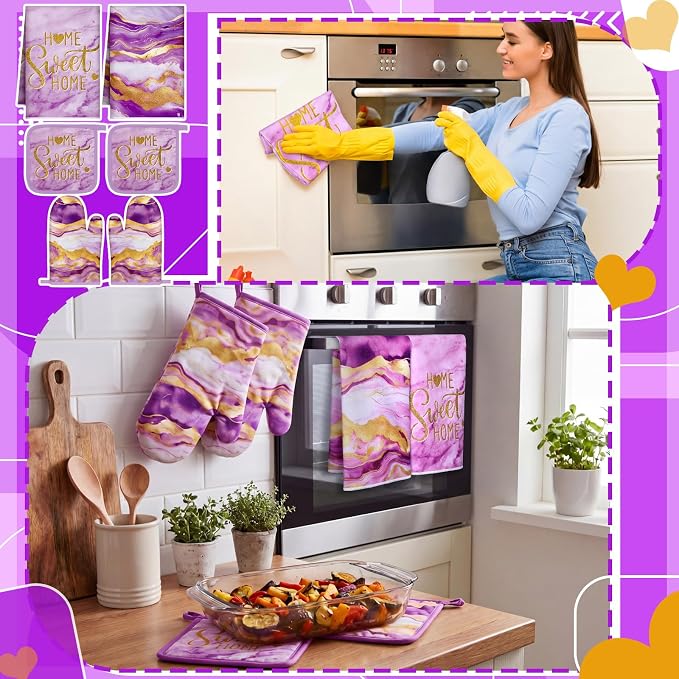 Bencailor Purple 6 Pcs Marble Kitchen Decor Gold Pot Holders Oven Mitts 2 Dish - Image 4